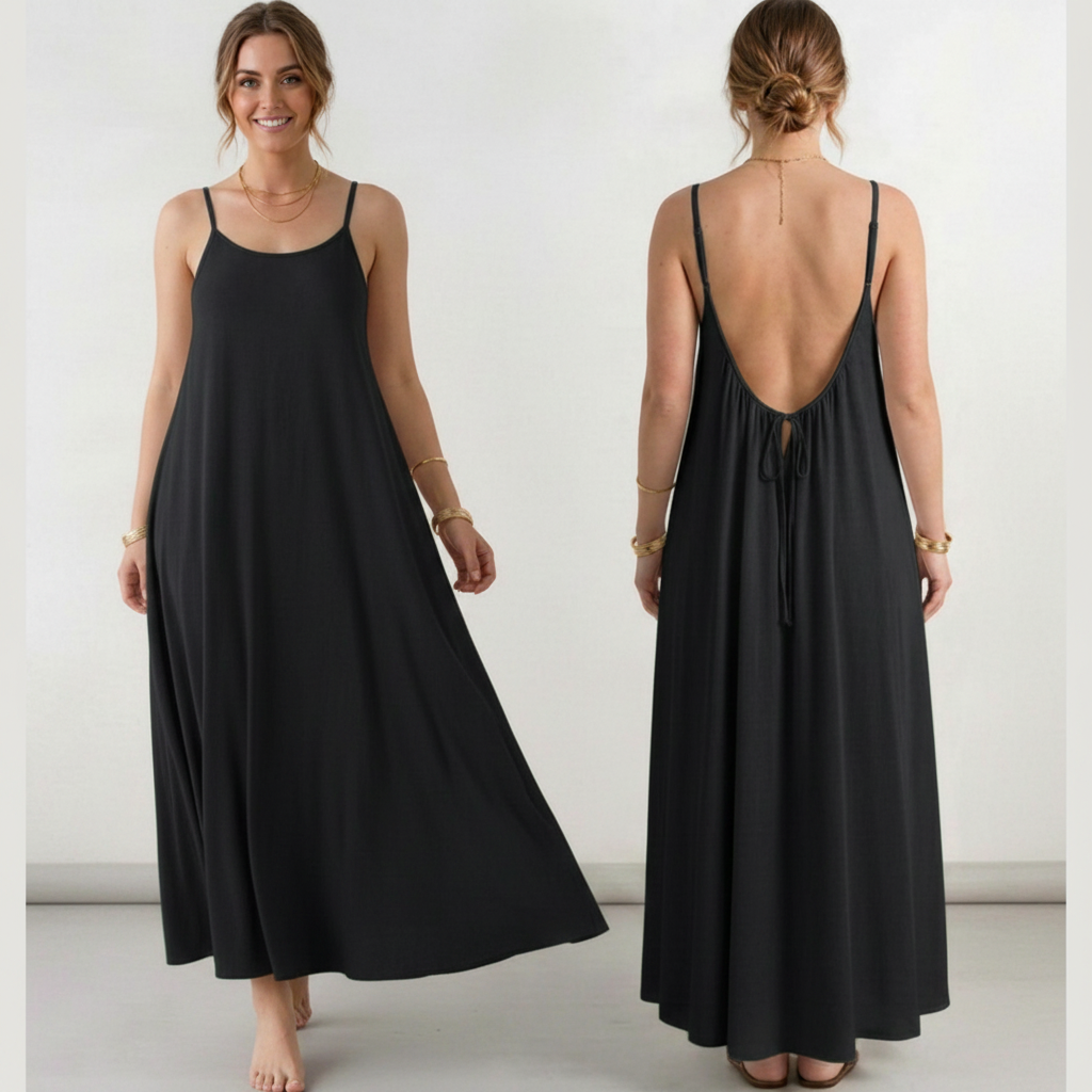 A woman modeling a long black summer maxi dress in two views: front and back. The dress has thin straps, a flowing silhouette, and an open back with a tie detail. Brisbane australia