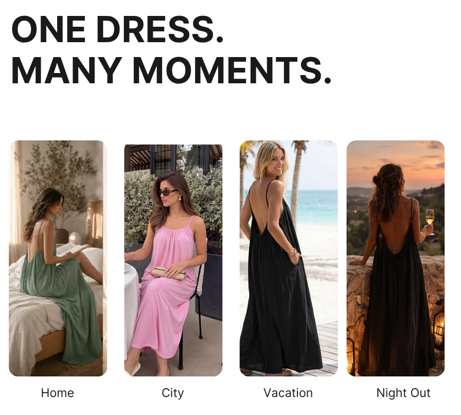 Promotional graphic for a one-size backless maxi dress, featuring four lifestyle photos of a woman wearing the dress in different settings: home, city, vacation, and night out. The text reads 'ONE DRESS.