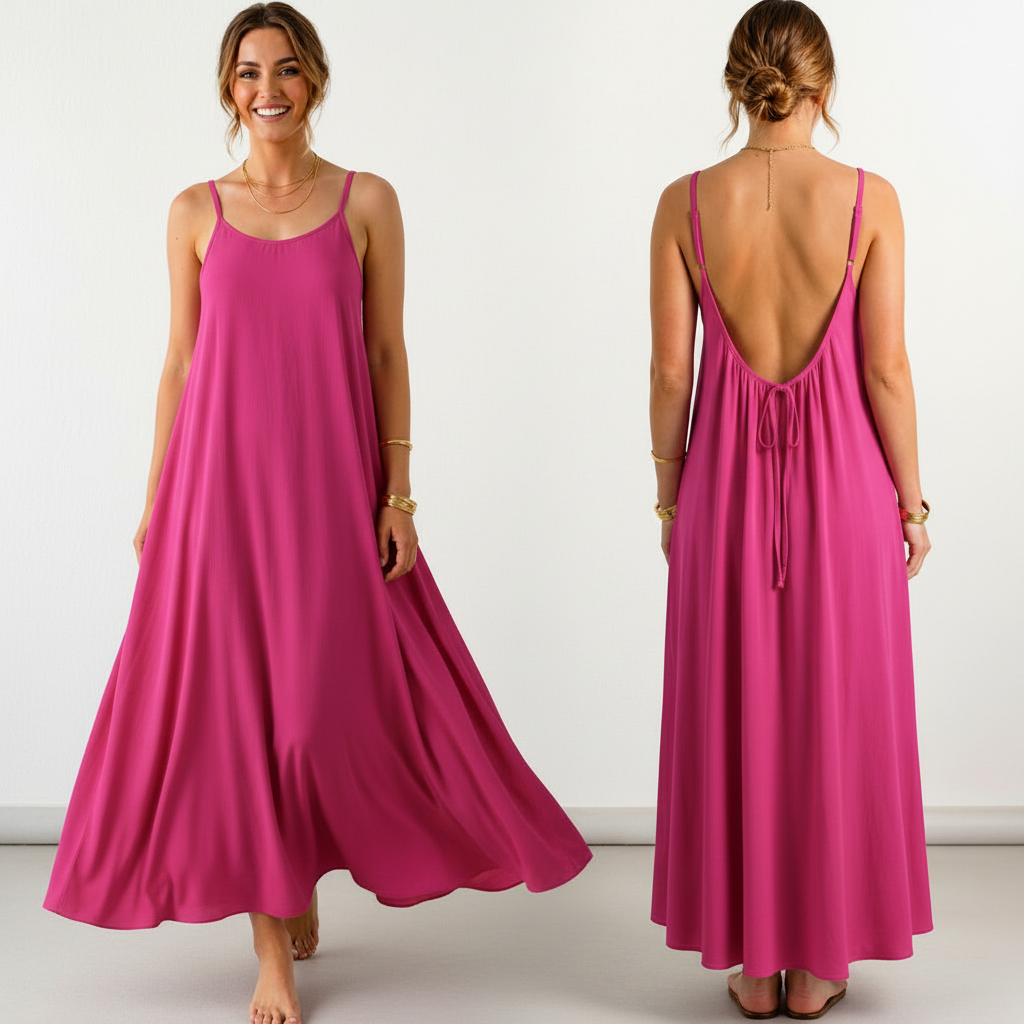 A woman modeling a bright pink maxi dress in two views: front and back. The dress has thin straps, a flowing silhouette, and a tie-back open back.