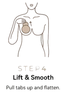 Step-by-step guide on applying a product to the bust area with illustrations and text.